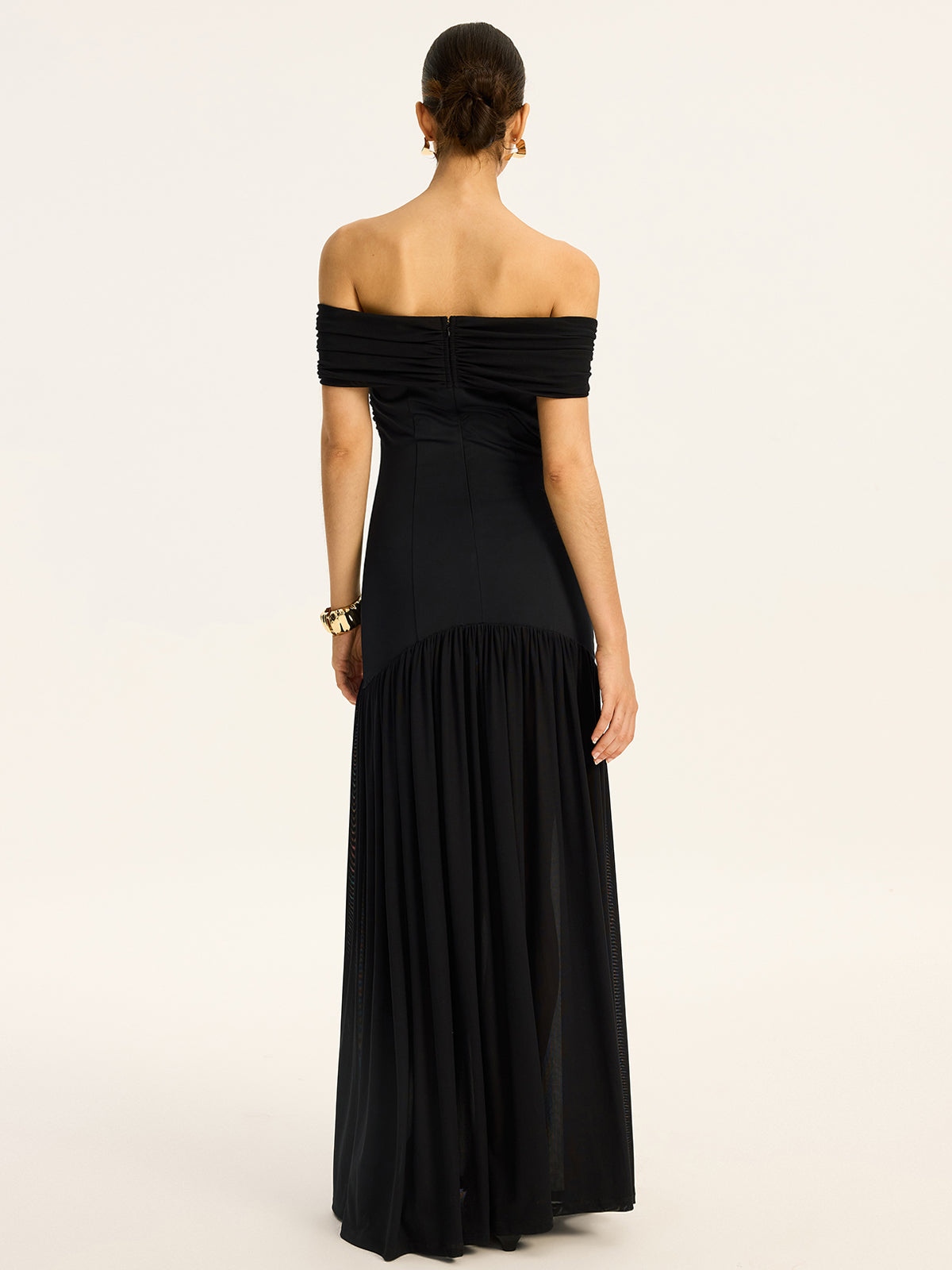 Semi-Sheer Off-Shoulder Ruched Mesh-Paneled Maxi Dress