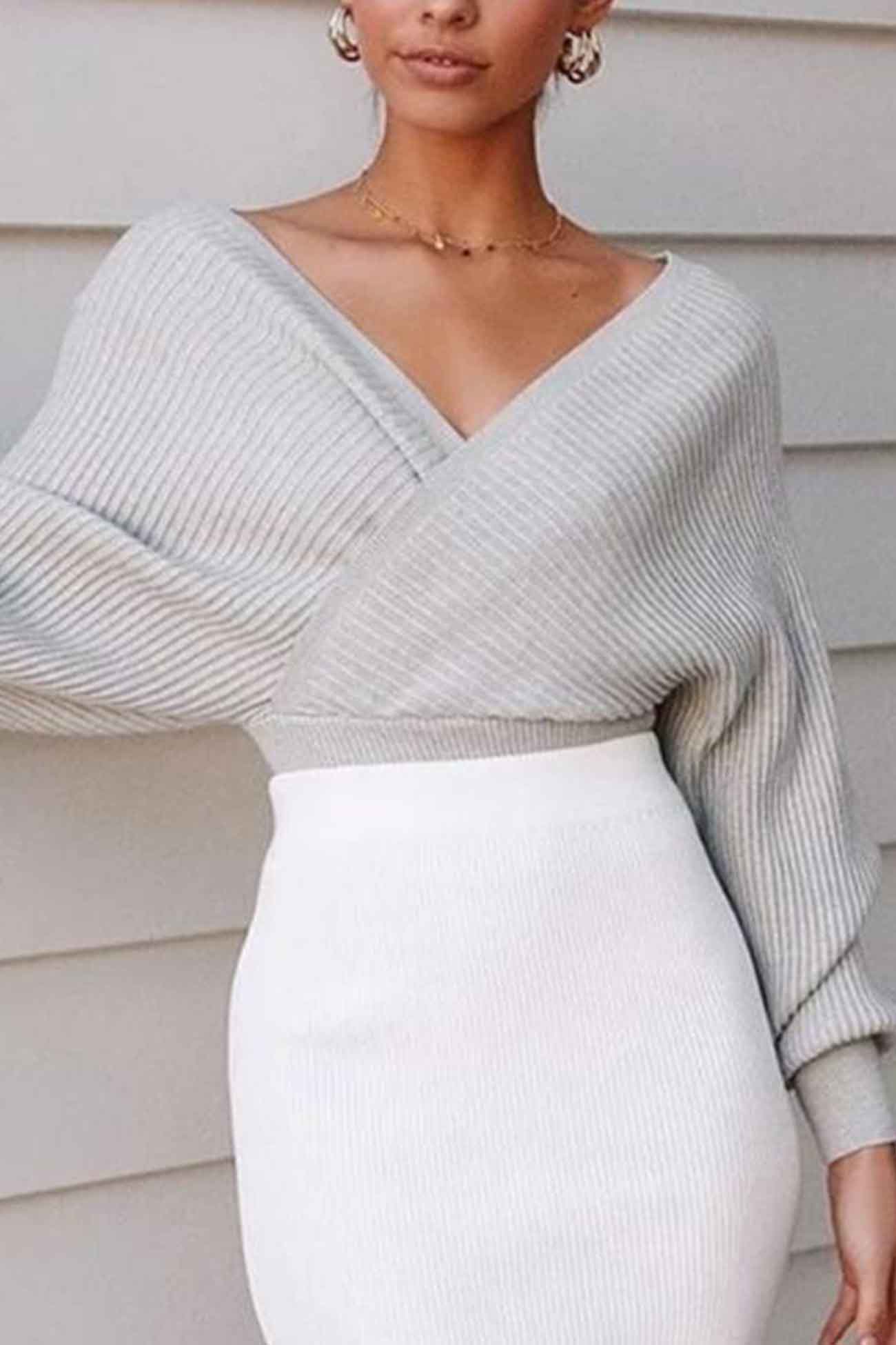 Sandra | Solid color crossover knit sweater with long sleeves