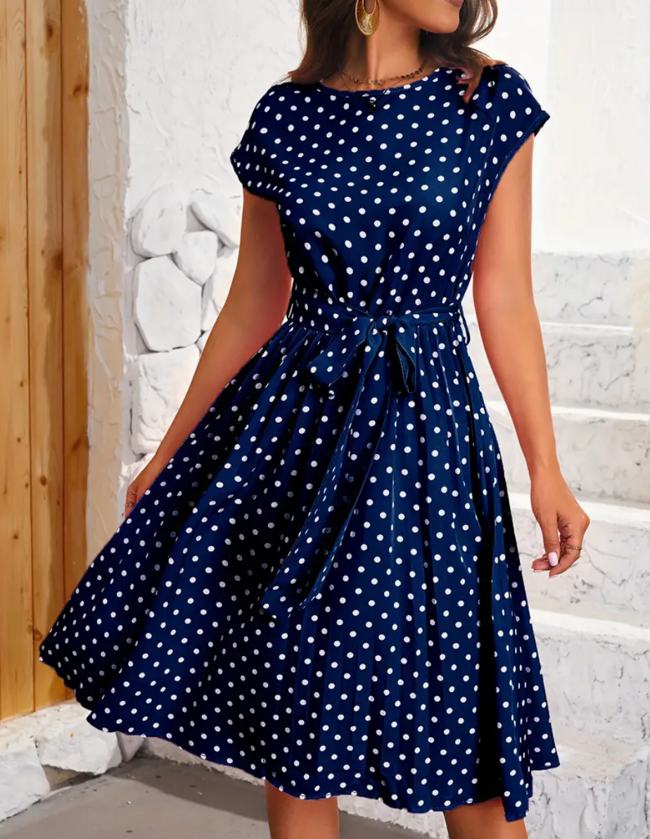 Grace® | Elegant Polka Dot Midi Dress With Tie Belt