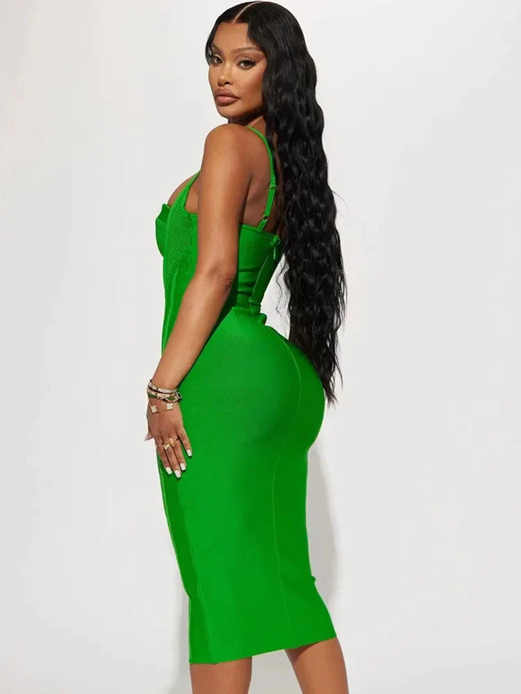 Summer Sexy Sleeveless Backless Green Midi Bodycon Bandage Elegant Party Dress