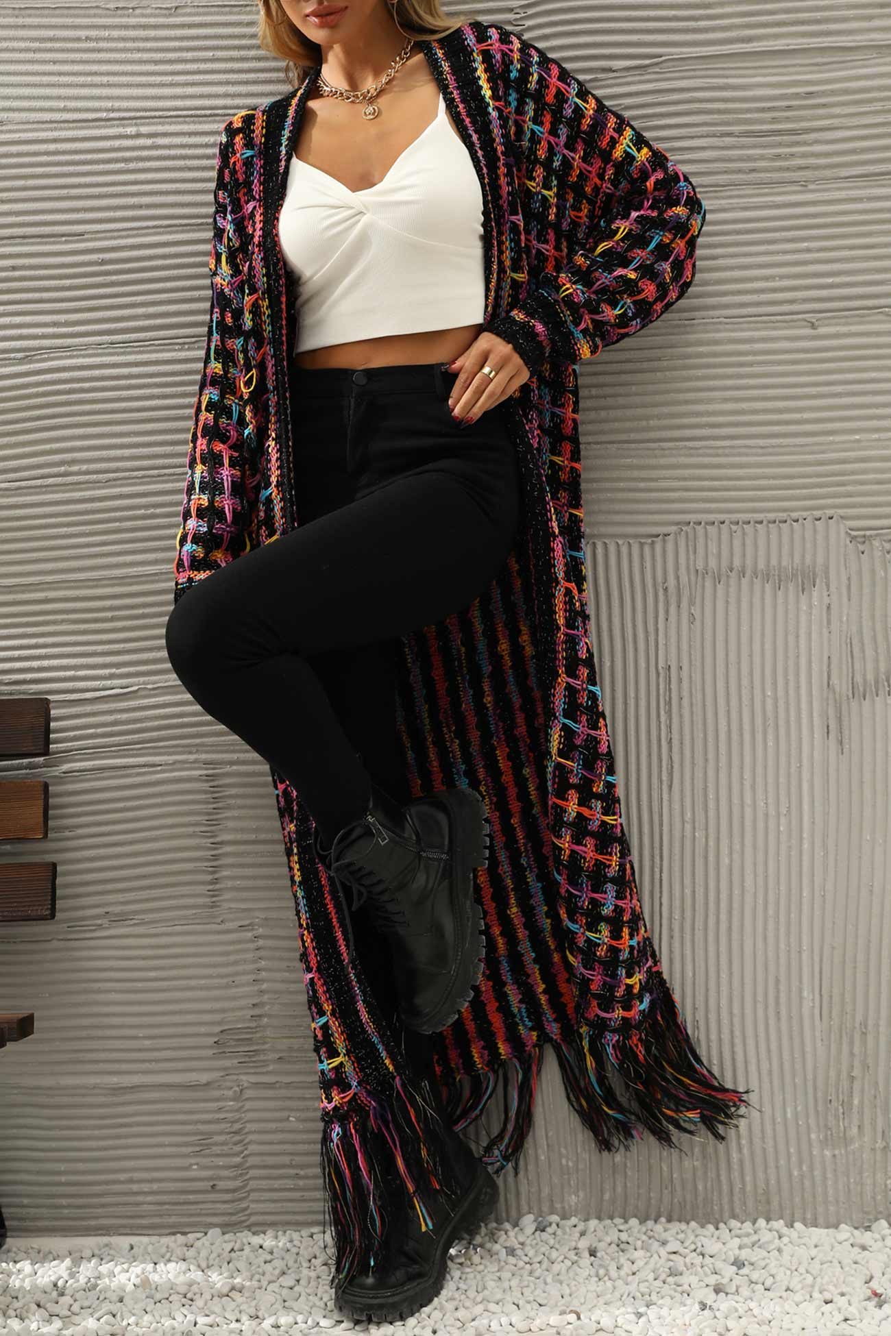 Adriana | Long cardigan with contrast fringed hem and open front