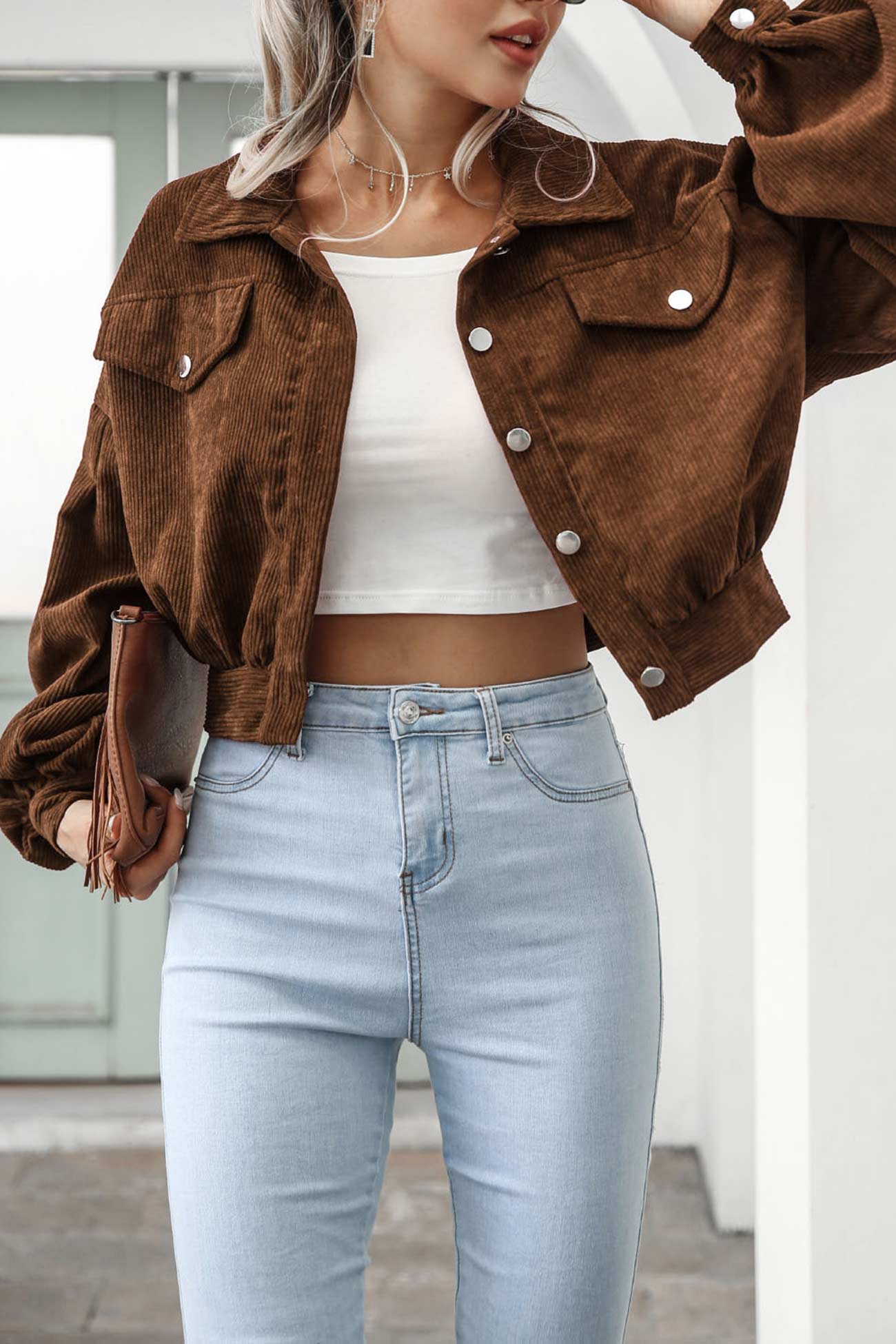 Mia | Single-breasted, short corduroy jacket