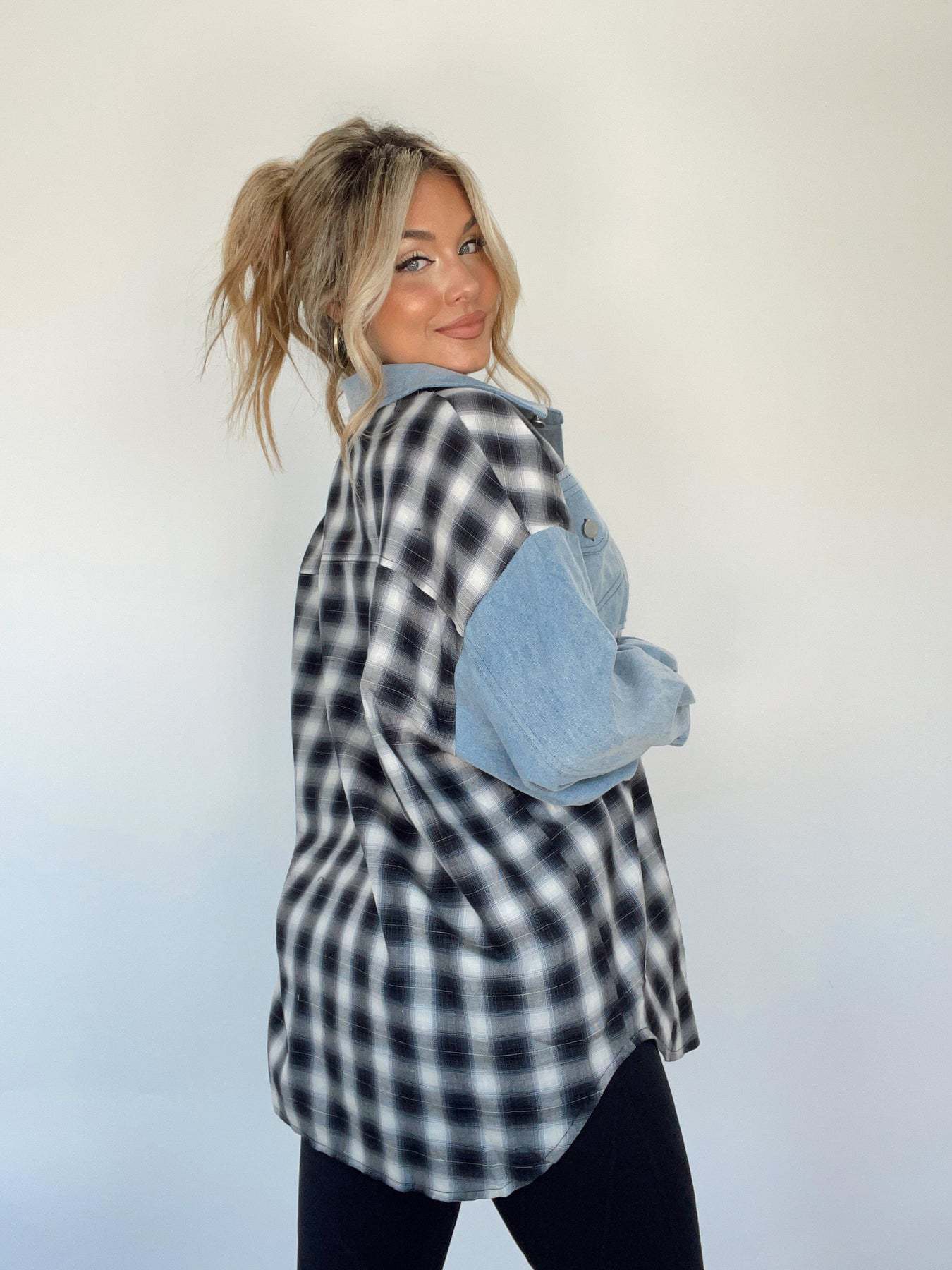 Dalila® | Checked denim button-front blouse for women