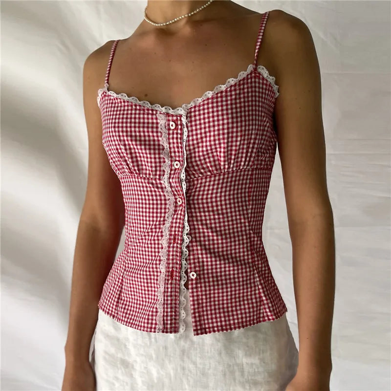 Gingham Checkered Lace Crop Top