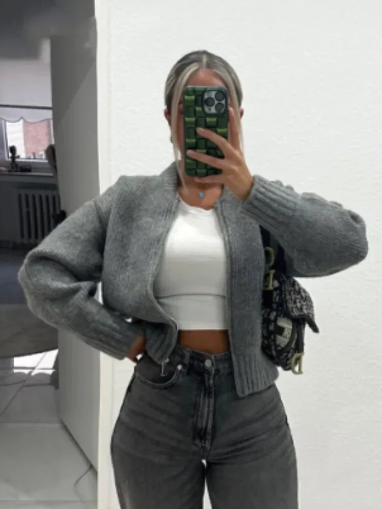 Karla® | Gray O-neck knitted women's sweater, fashion jacket