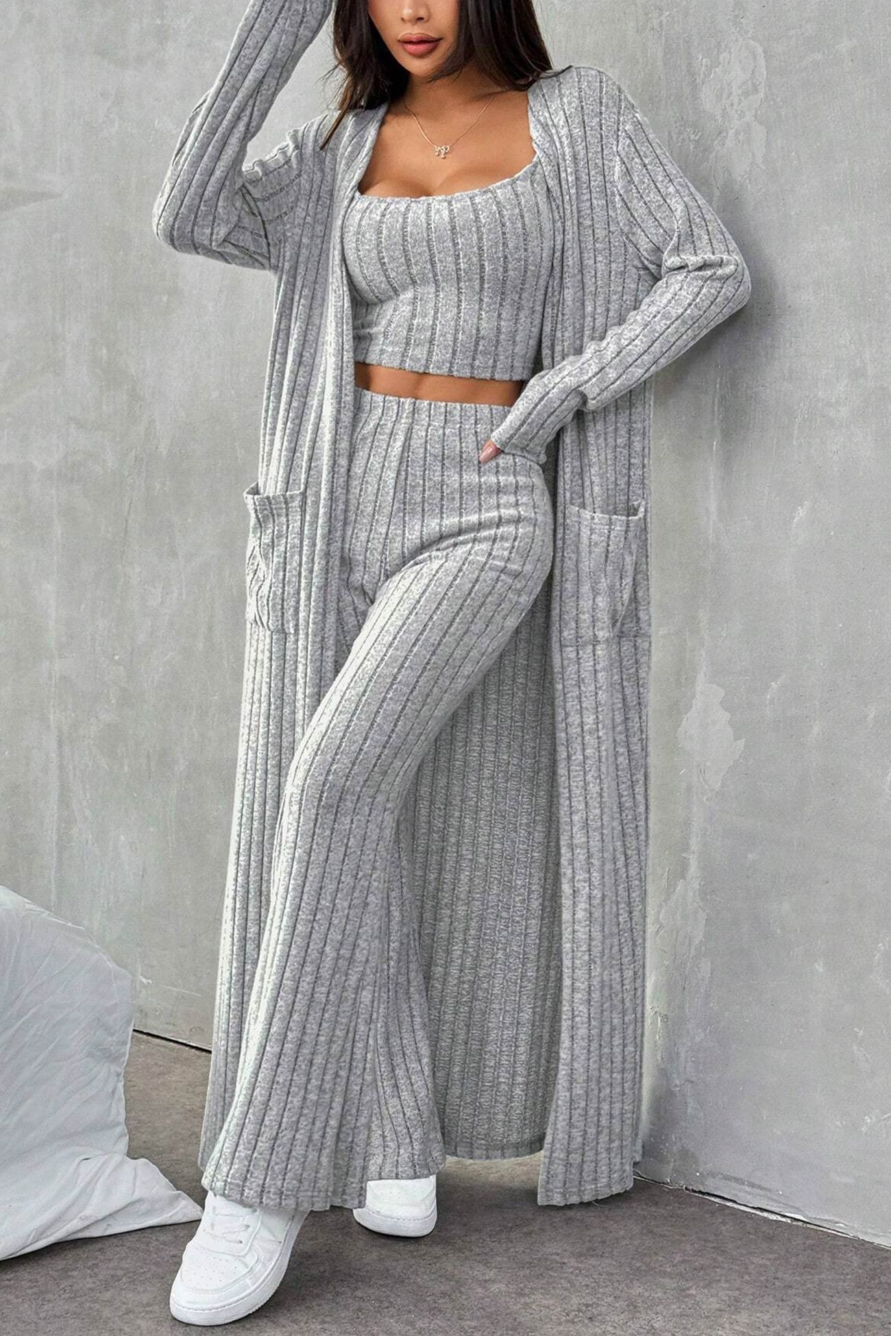 Dagny | Three-piece set of gray rib-knit cardigan