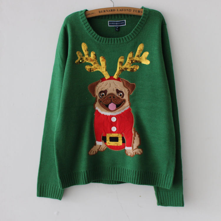 Vera | Warm knitted sweater with Christmas pug and embroidered sequins for women