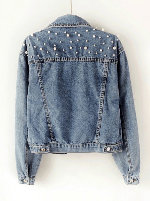 Sabina | Denim jacket, buttoned pockets, rhinestone pearl trim, lapel collar, long sleeves, women's fashion, casual, oversized, casual