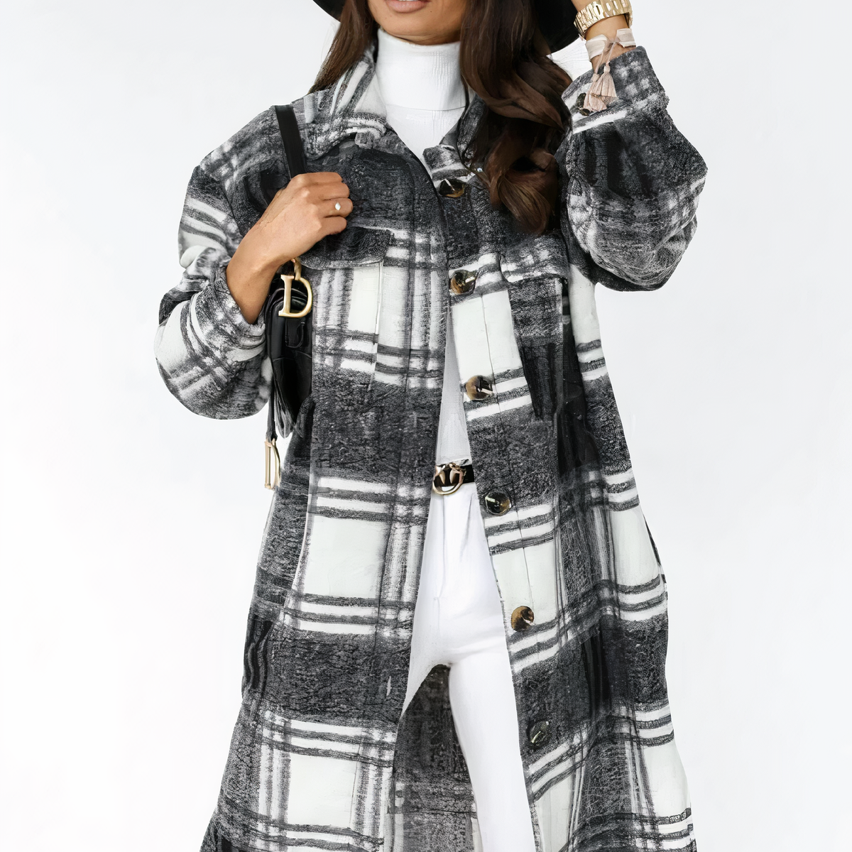 Viola | Long winter coat with checked print