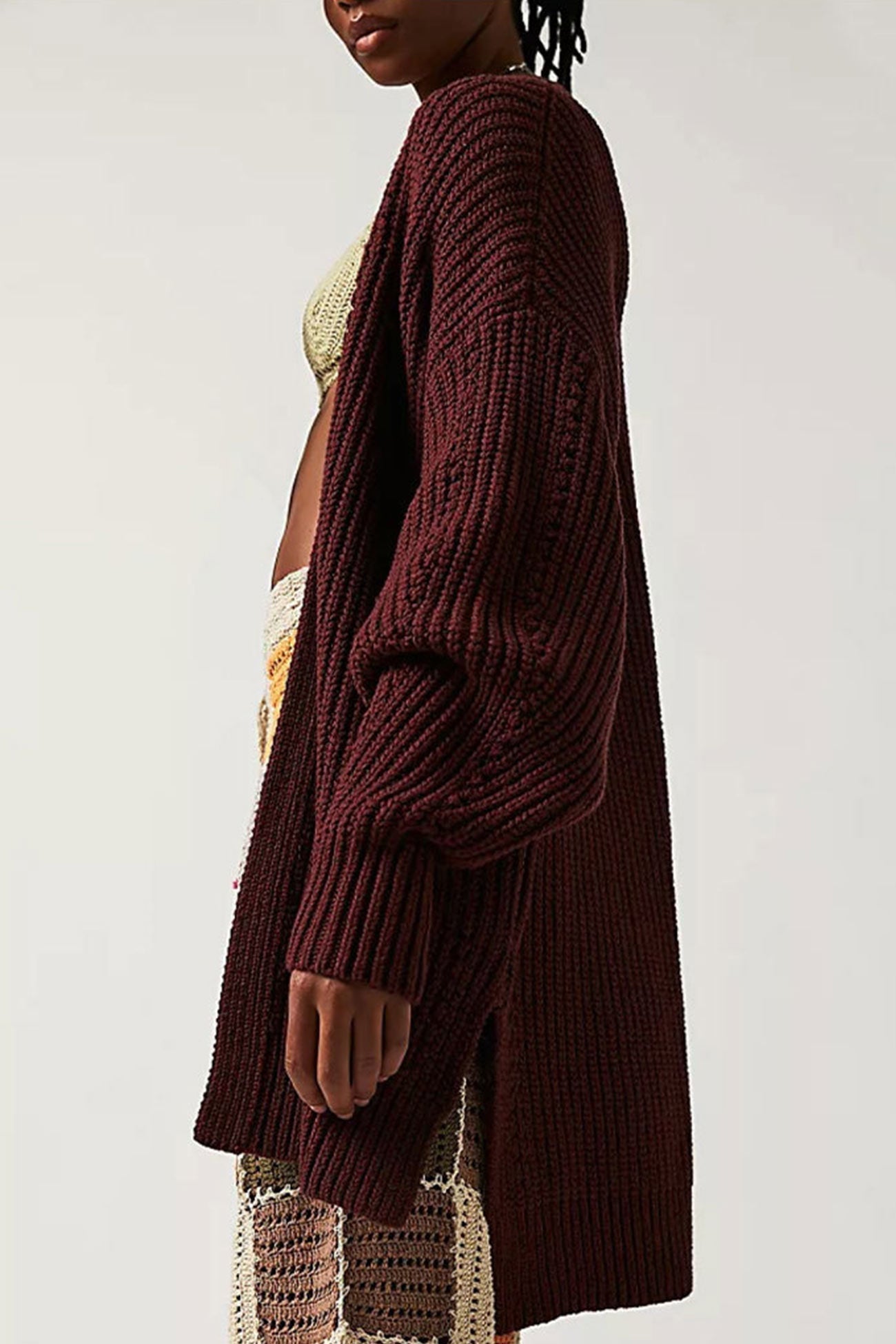 Emilie | Cardigan with lantern sleeves, open front slit and side slit