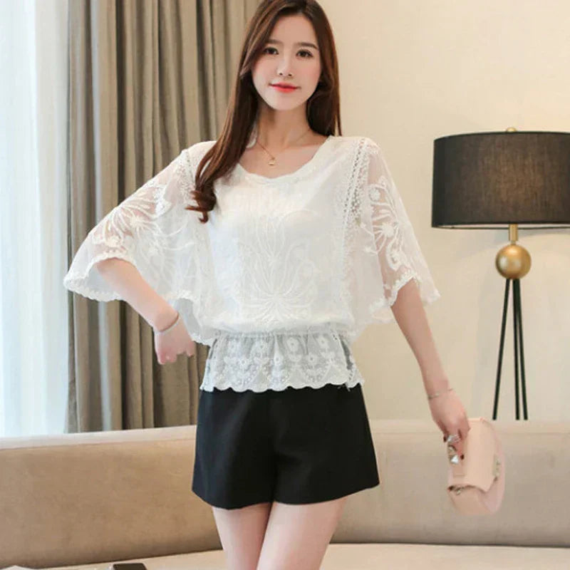 Lauriane® | Blouse With Cotton Lace And Butterfly Flower Pattern