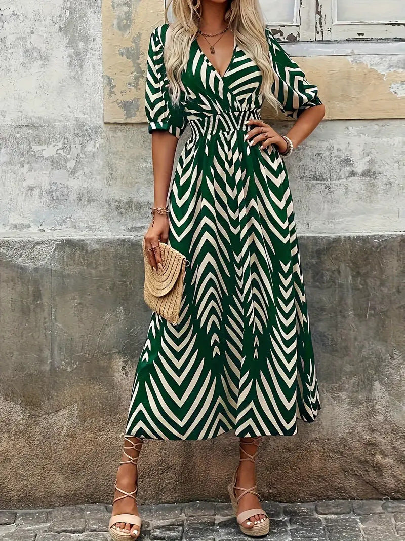Isabella® | Elegant V-Neck Dress With Geometric Print