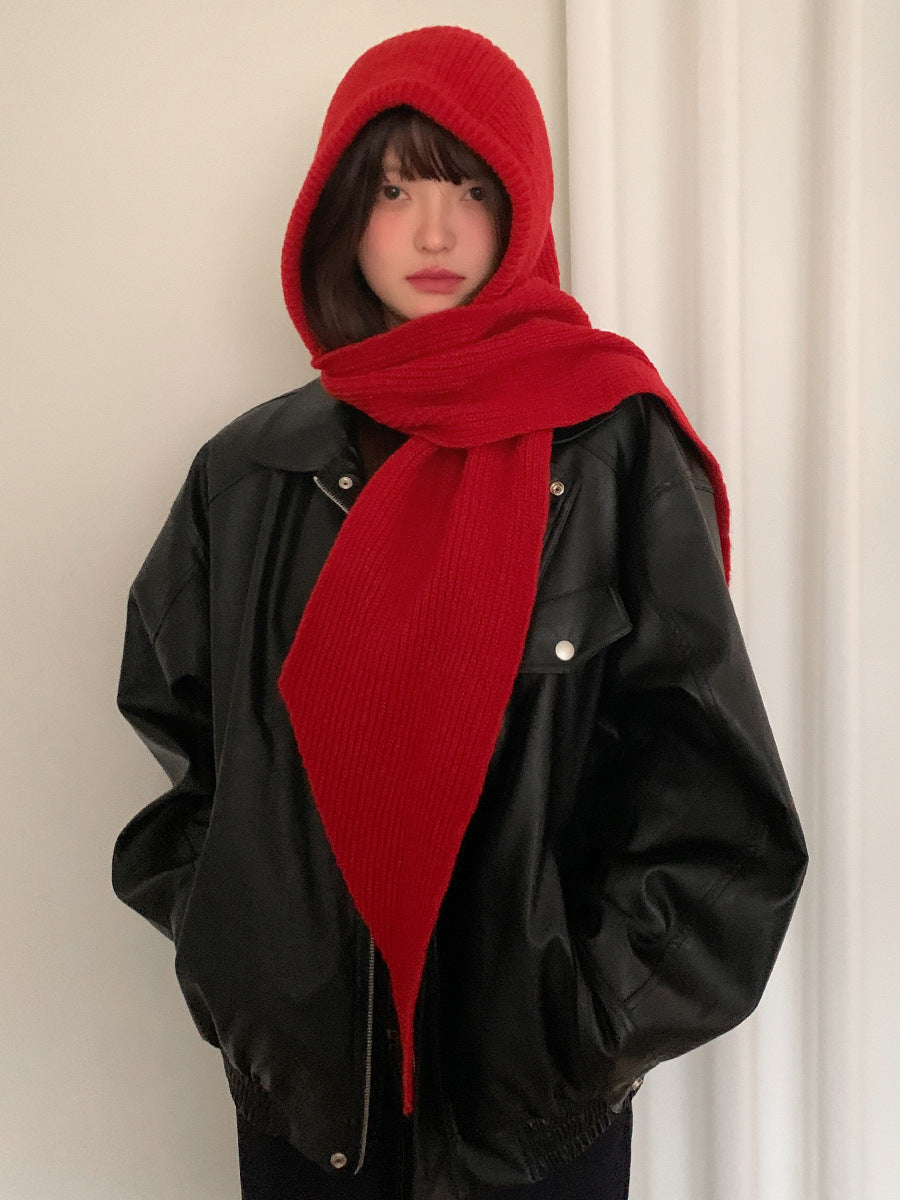 Solid Knitted Hooded Scarf