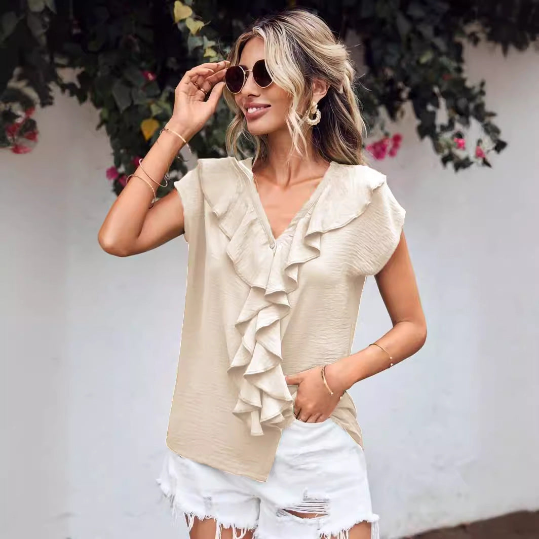 Valeria® | Chemise in cotton with V and flounces – chic in quotidien