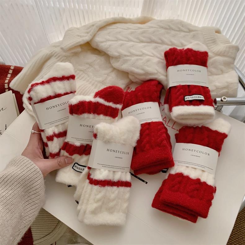 Red Striped Cashmere Blend Warm Mid Calf Socks