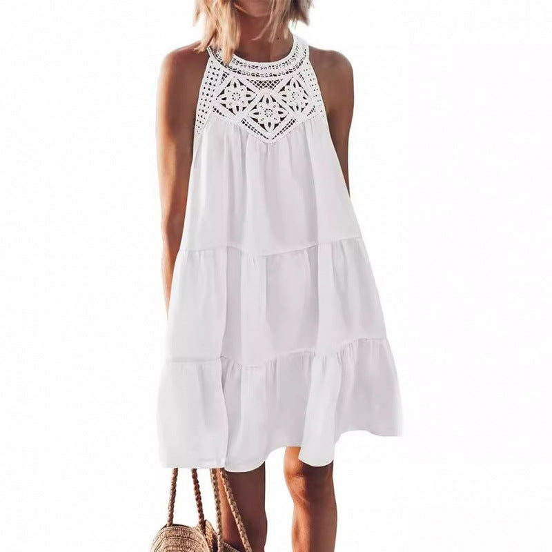 Hollow Lace Stitching Halter Neck A-Line Dress