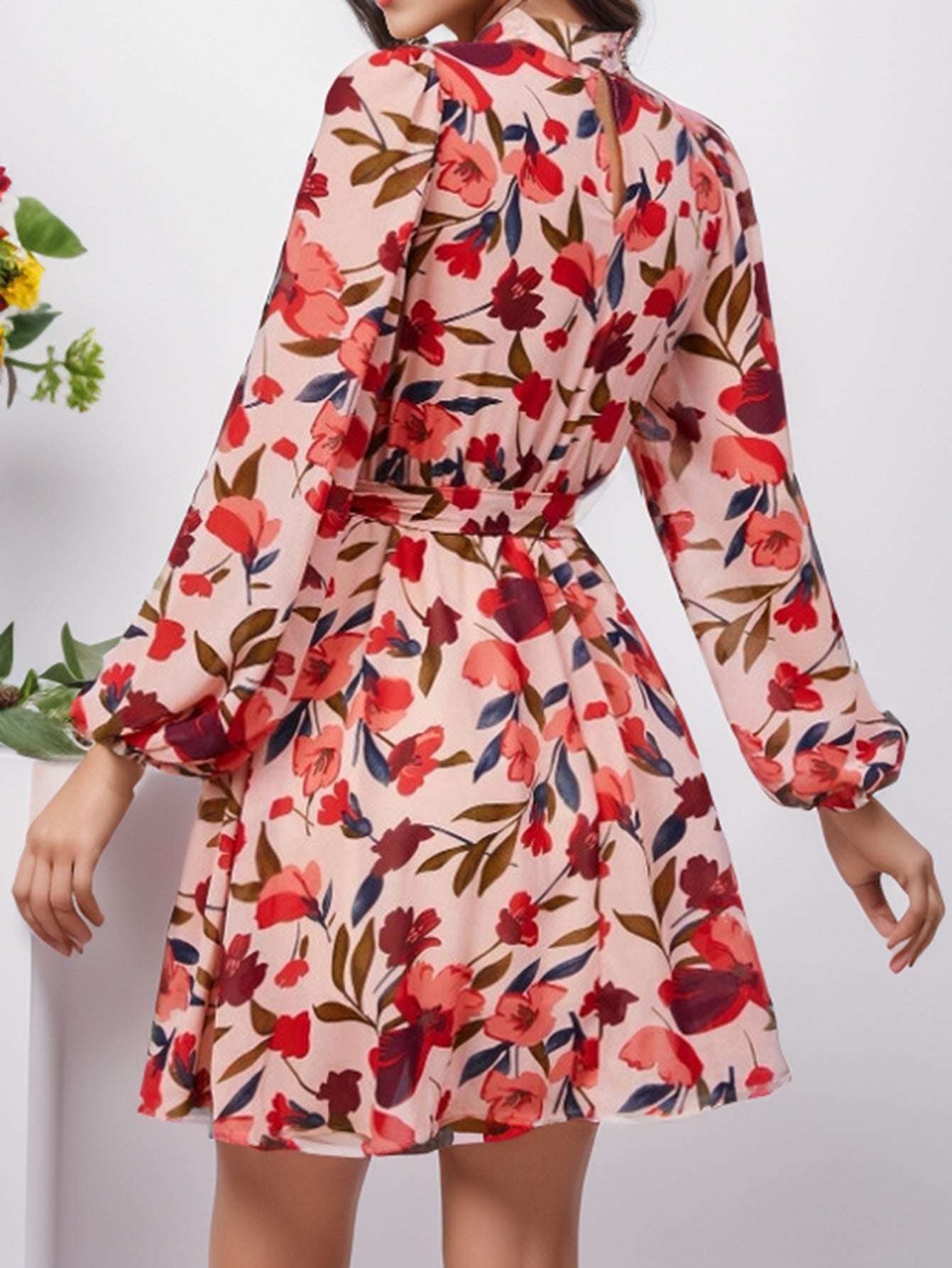 Nerea® | Women'S Floral Print Dress With Waist Belt And Long Sleeves