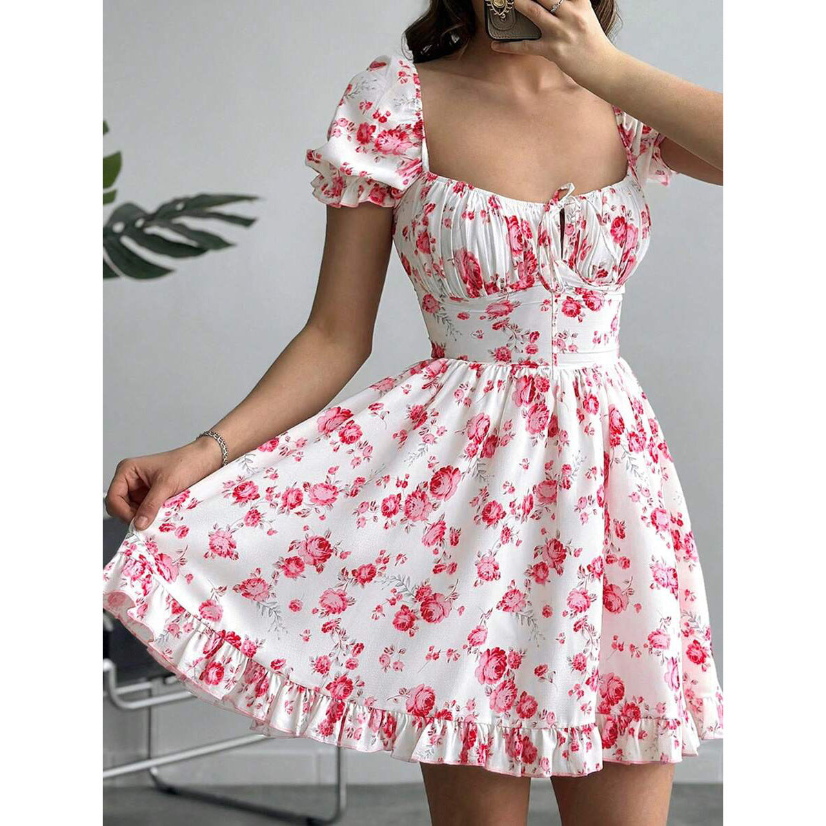 Tatiana® | Women'S Floral Basic Dress With Puff Sleeves And Adjustable Neckline