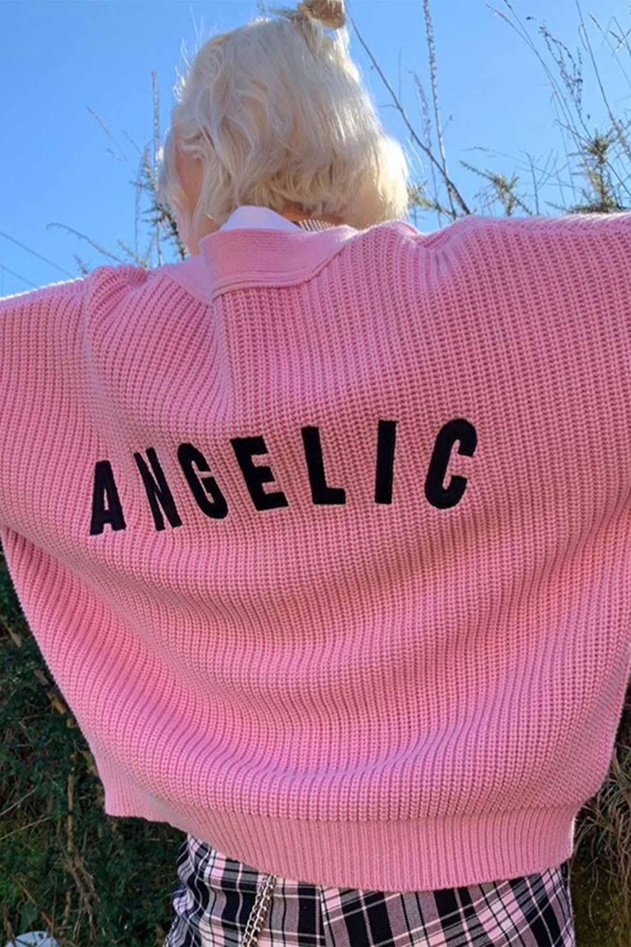 Marta | Pink cardigan with embroidered letters and buttons on the front