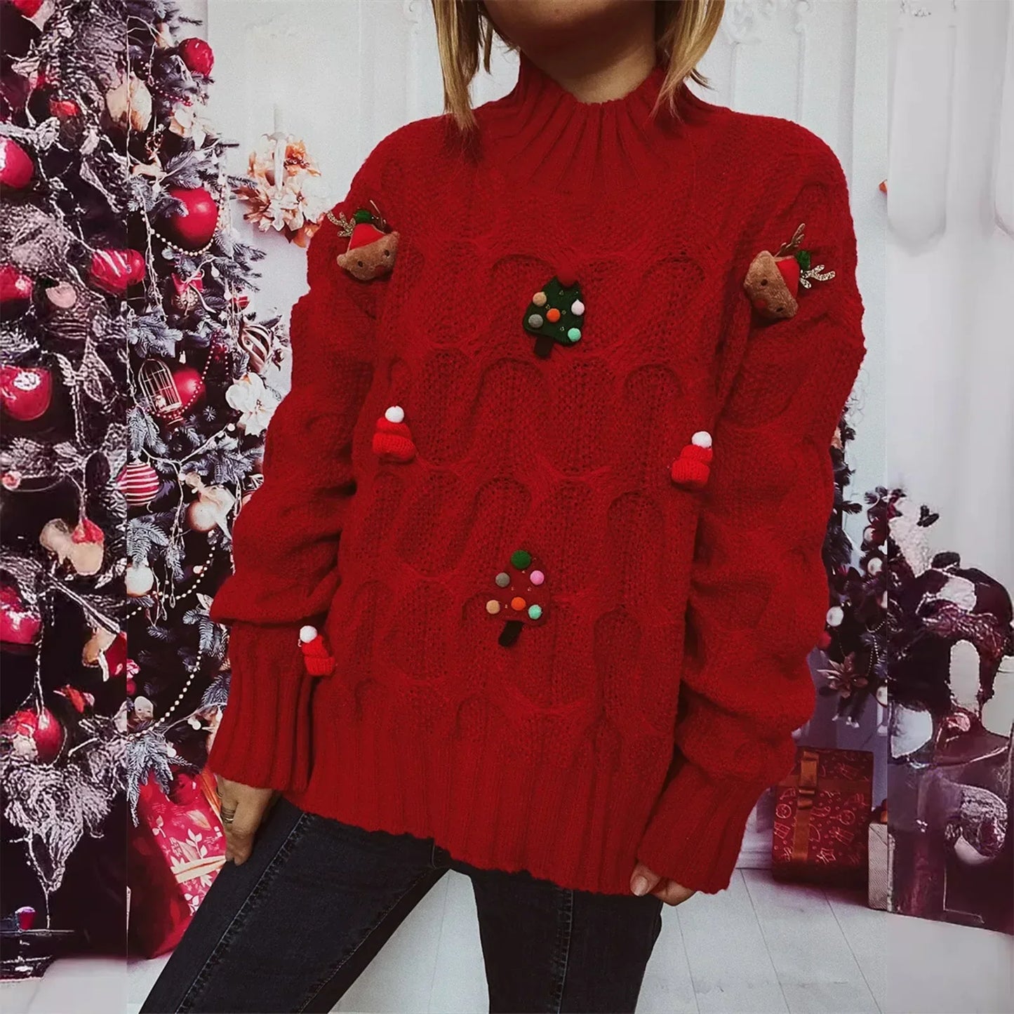 Monica | Women's Christmas character patchwork turtleneck sweater