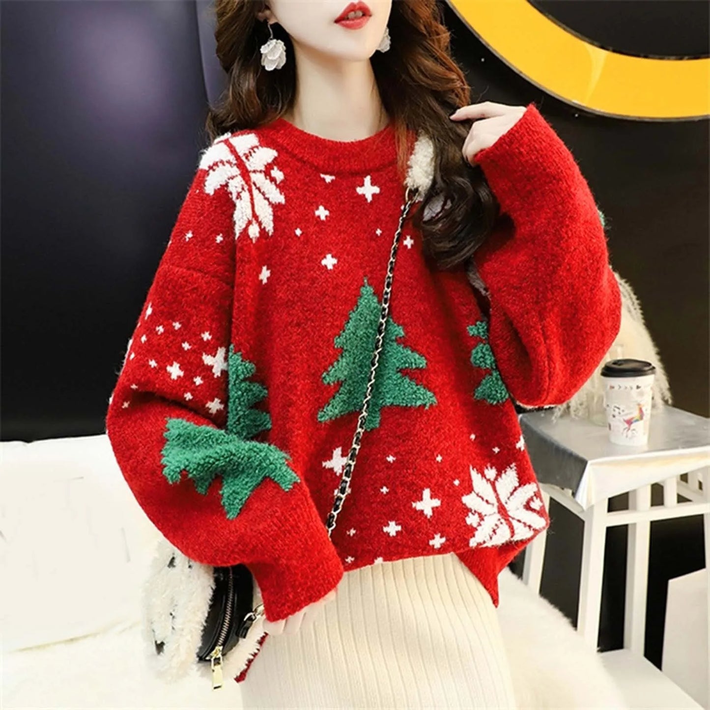 Carmen | Warm knitted sweater with a Christmas tree print for women and a crew neck