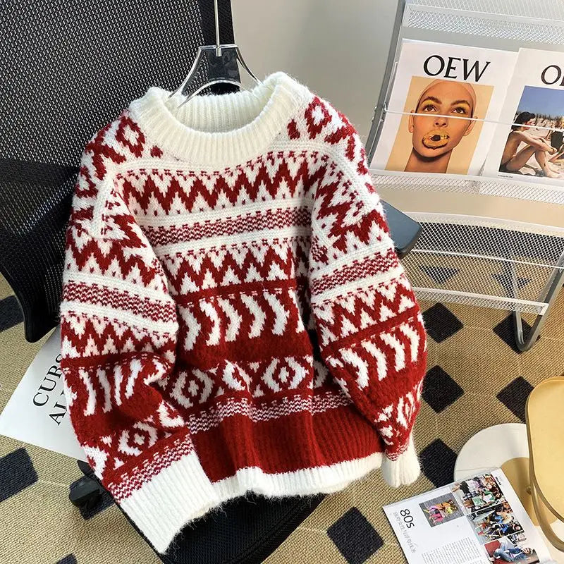 Sigrid | Striped chunky knit sweater with Christmas motifs for women and a crew neck