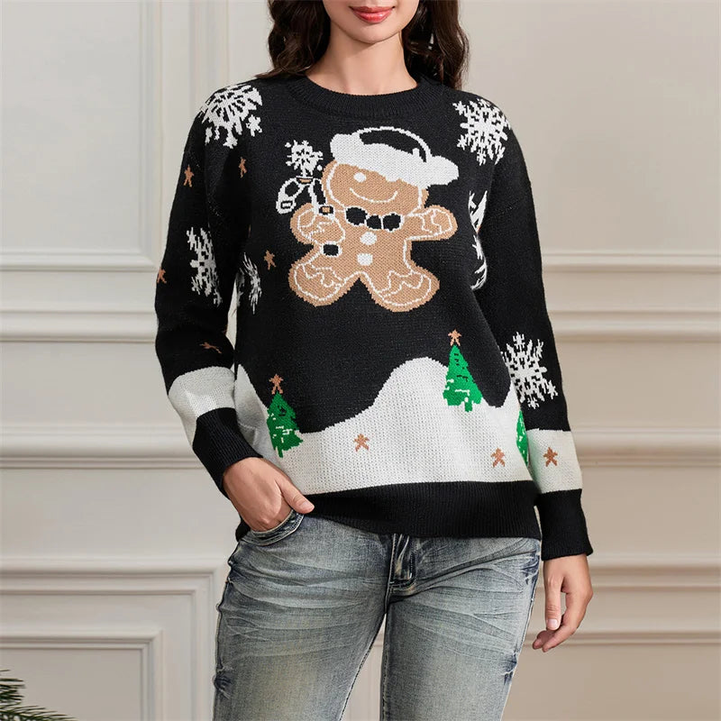 Elin | Warm women's knitted sweater with a snowflake gingerbread print and a crew neck