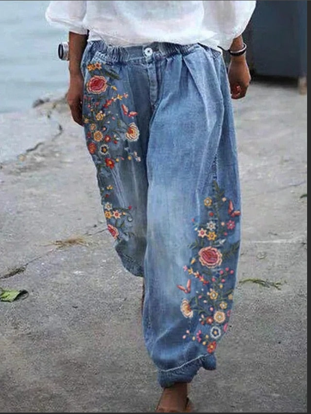 Belva® | Floral Pattern Women'S Denim Cargo Pants