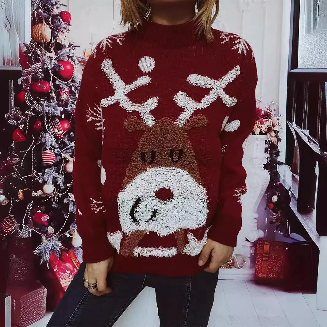 Estrella | Warm Christmas deer patchwork crew neck knitted sweater for women