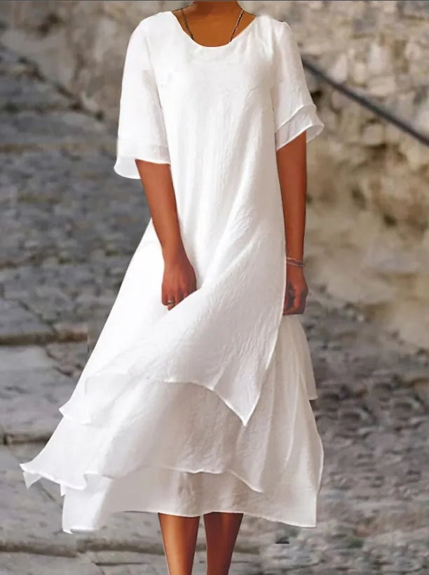 Eva® | Double-Layered Slit Short-Sleeved Dress With Round Neck