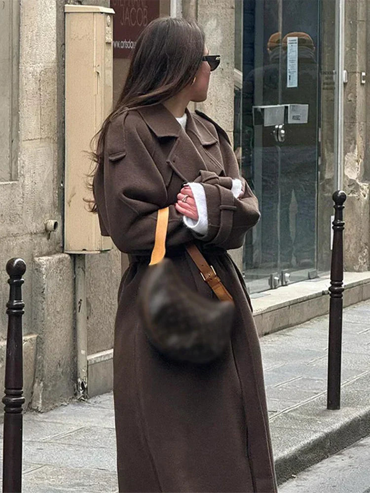 Valentina | Elegant maxi coat for women with double row of buttons and belt