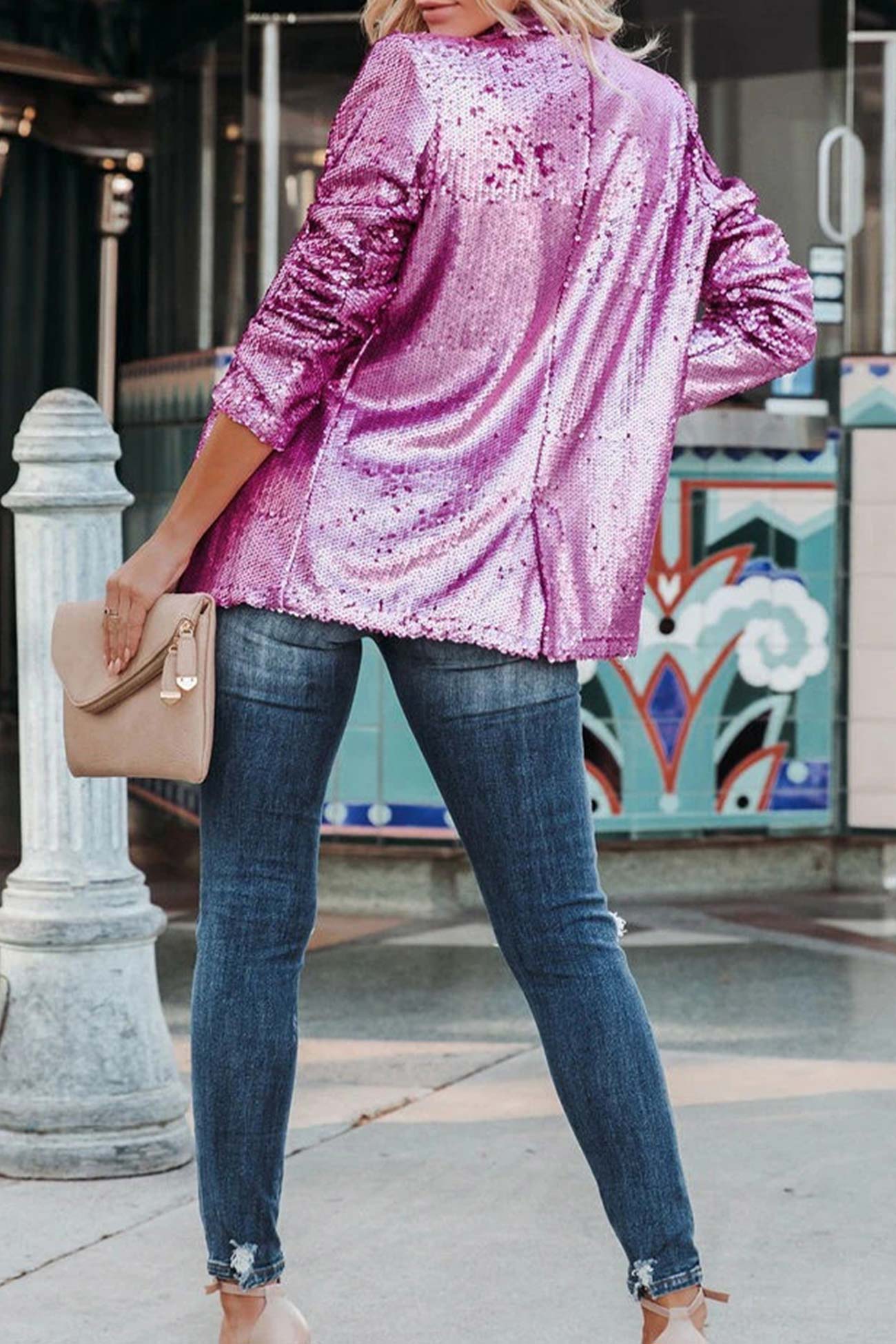 Pink | Solid color long sleeve blazer with sequins