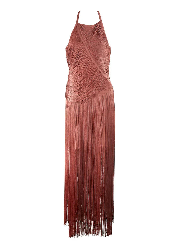 Sexy Halter Sleeveless Tassel Patchwork Bandage Dress Backless Fringe Party Dress