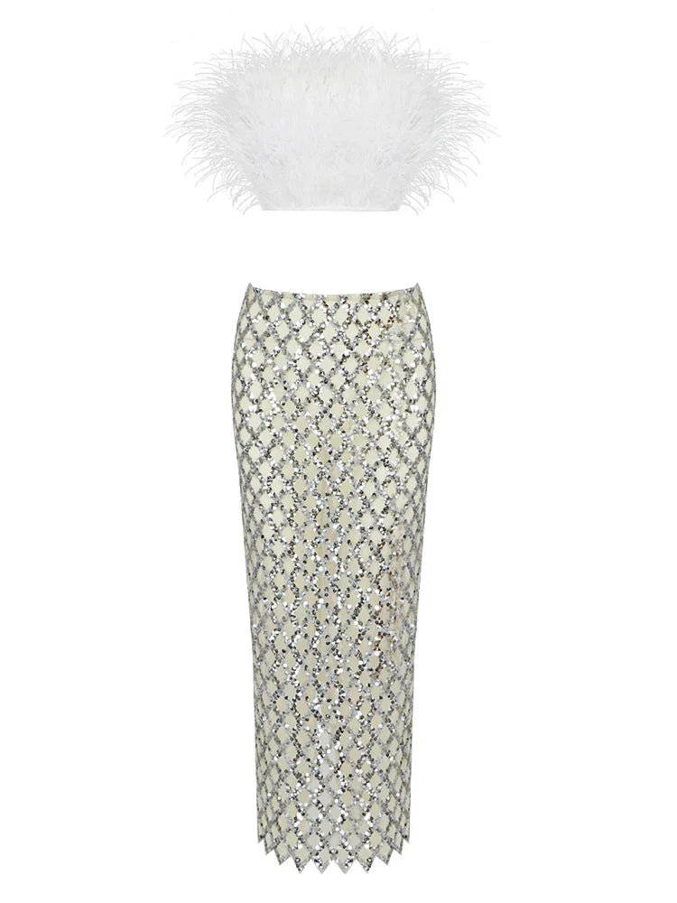 Sexy Luxury Sequins Feather Strapless Top Skirt Two Piece Set Party Dress