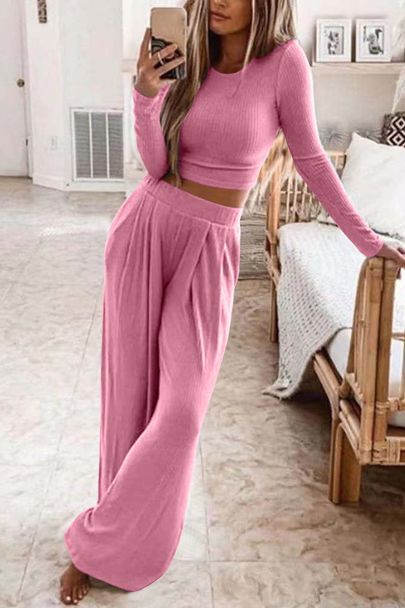 Natalia | Solid color ribbed crop top long pants set