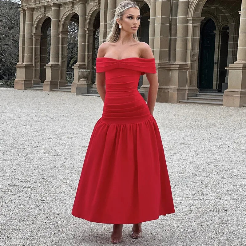Elegant Backless Patchwork Long Red Sleeveless Bandeau Solid Pleated Wide Skirt Party Dress