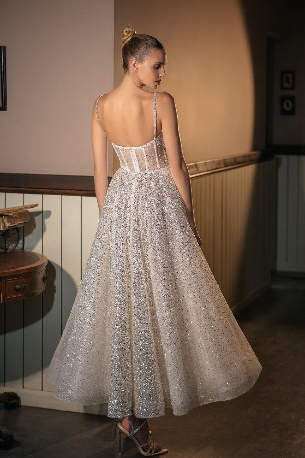 Cami Glitter Silver Boned Tulle Midi Reception Dress