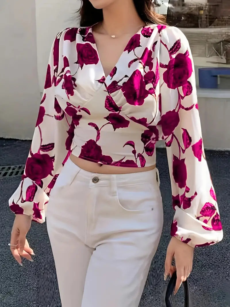 Keti® | Blouse With V-Neck And Bow On The Back With Pink Print