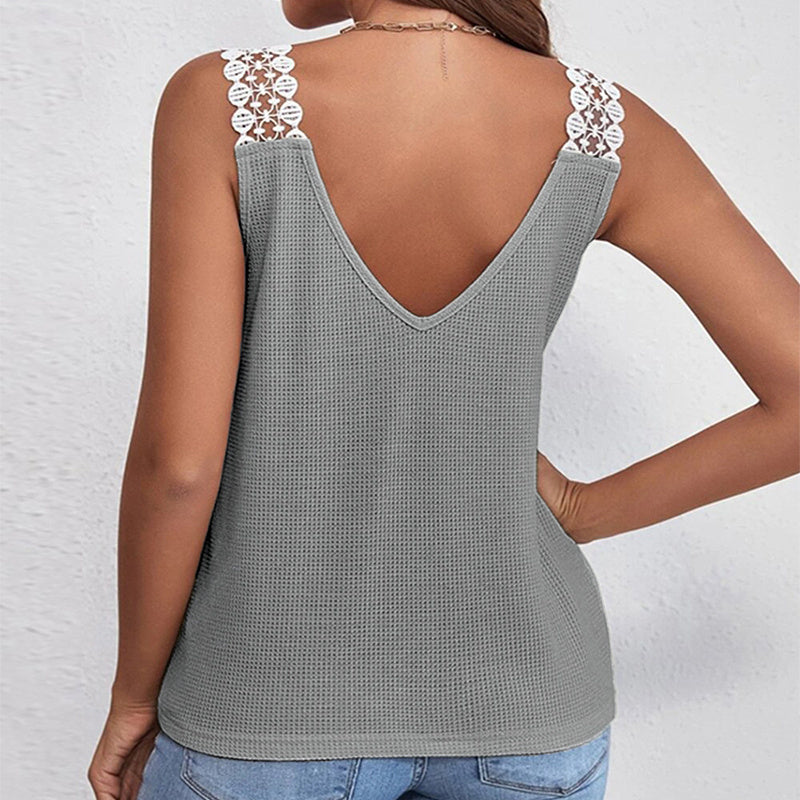 Kimberly® | Waffle V-Neck Vest Sleeveless Lace Tank Shirt Tops Summer