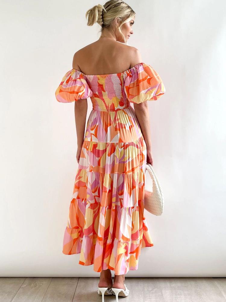 Oriana® | Printed Off-The-Shoulder Tiered Maxi Dress With Puff Sleeves