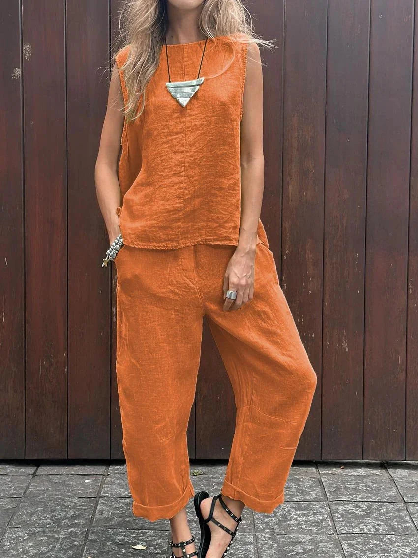 Samantha® | Casual Sleeveless Cotton And Linen Top And Pants Set