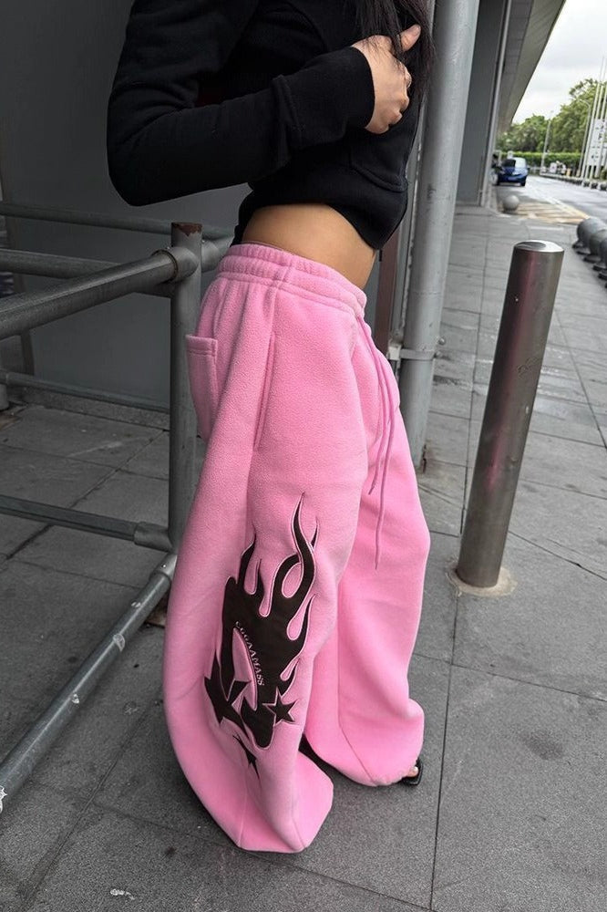 Thickened Flame Print Drawstring Wide-Leg Pants