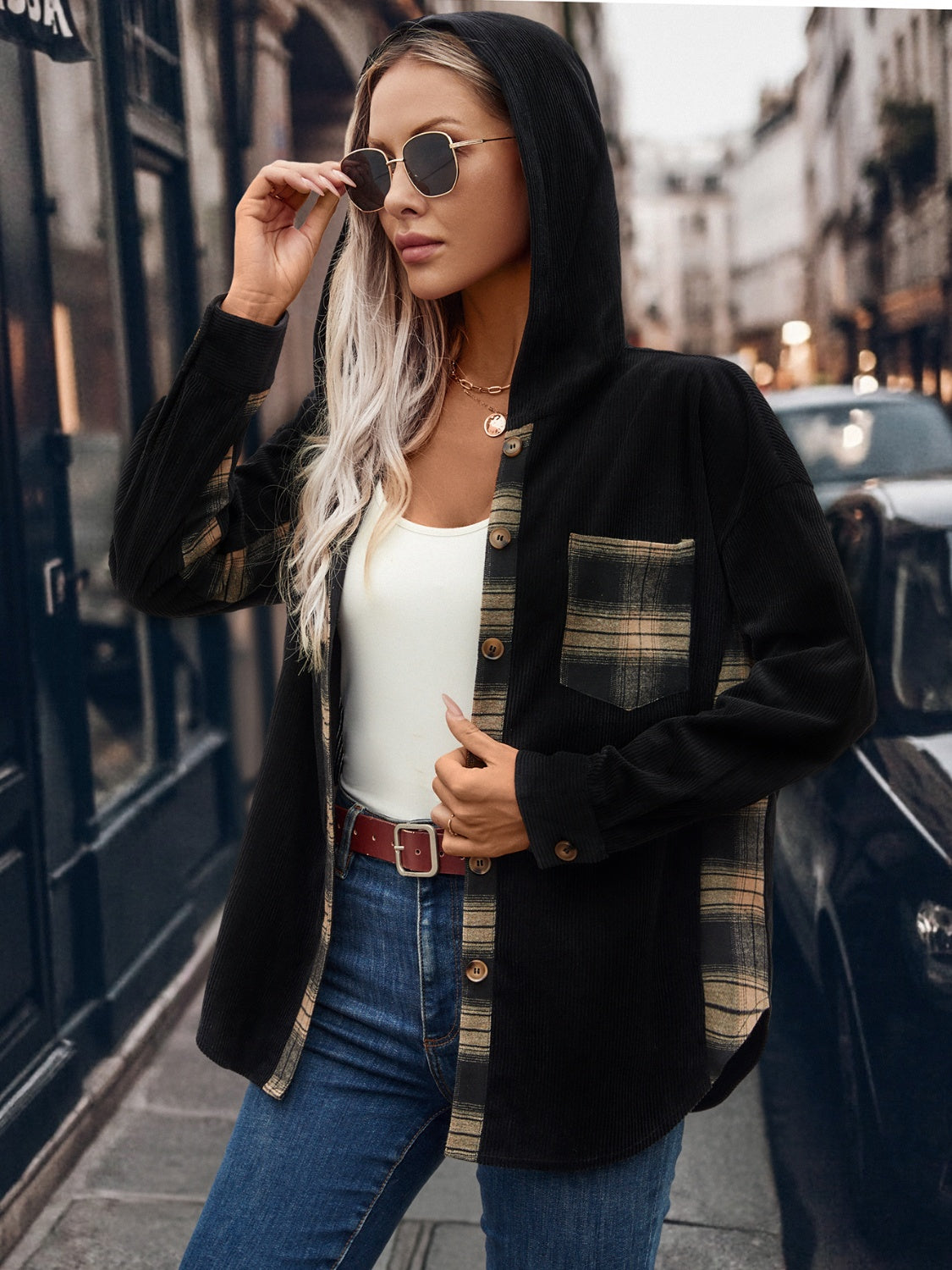 Ilona | Checked hooded jacket with button placket and pockets