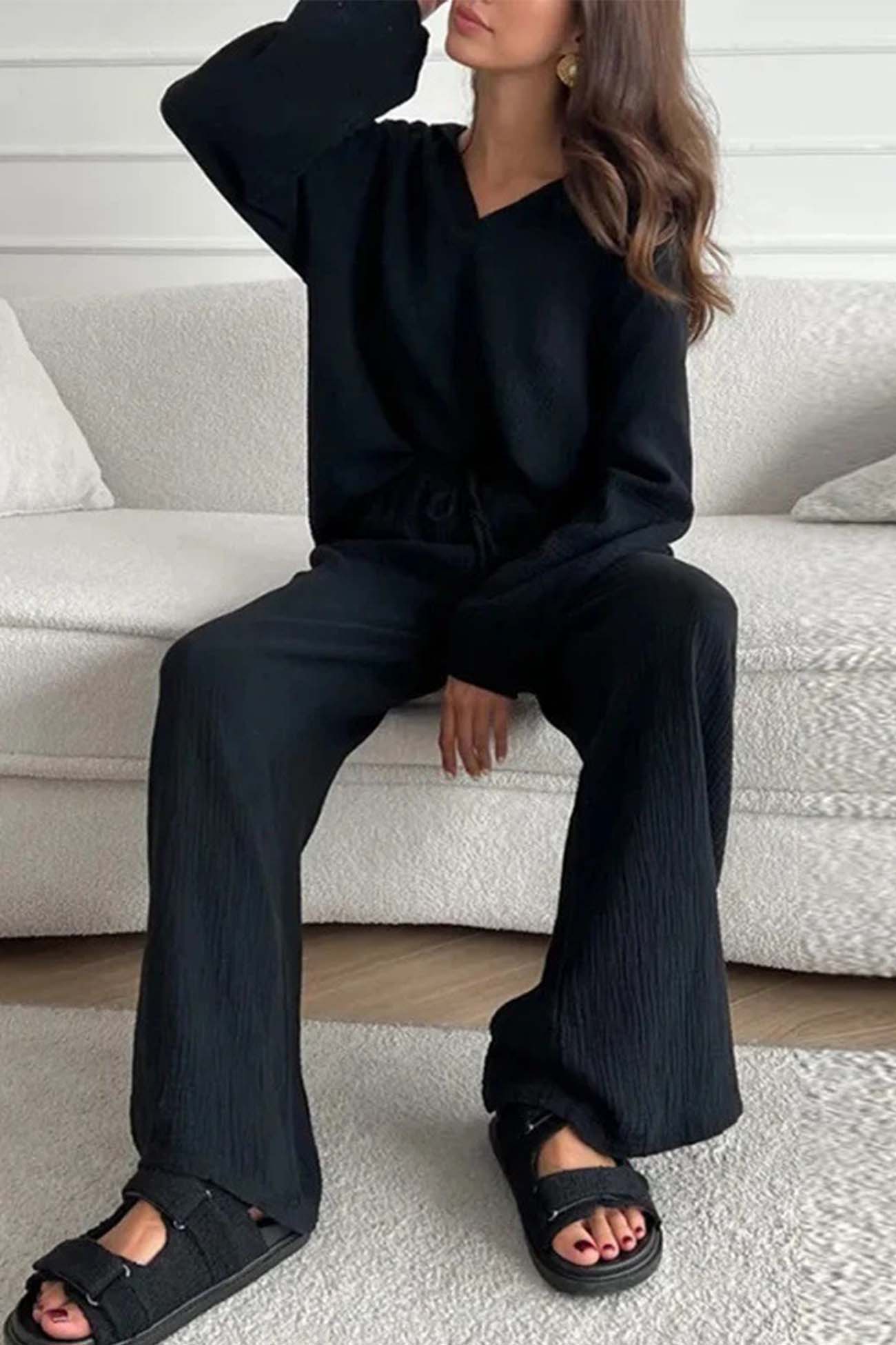 Nina | Two piece set with wide leg pants and lapel drawstring