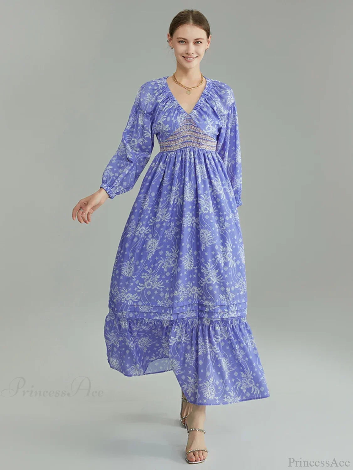 Bohemian Floral Print Puff Sleeve Swing Floral Dress