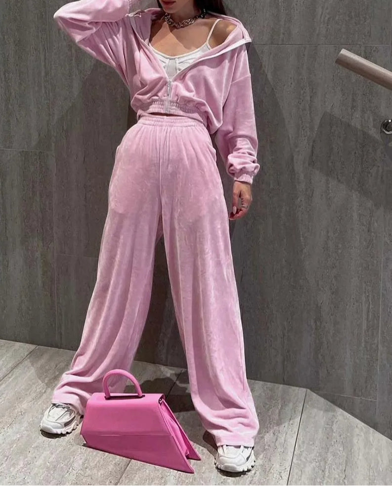 Pink Knitting Zipper Straight Trousers Office Two Piece Set