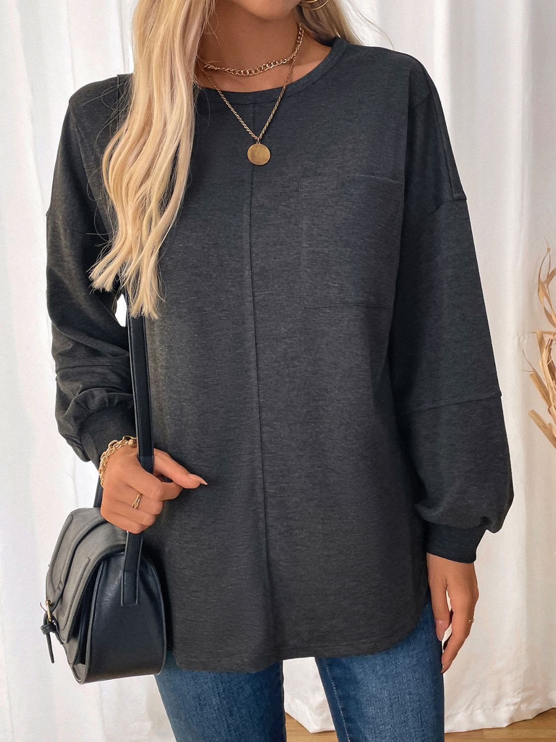 Ingrid | Perfee long sleeve crew neck sweatshirt with pockets