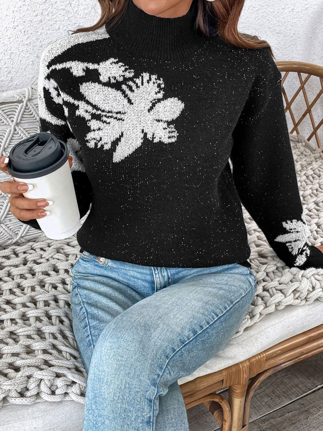 Lisette | Perfee Flower stand-up collar long sleeve sweater