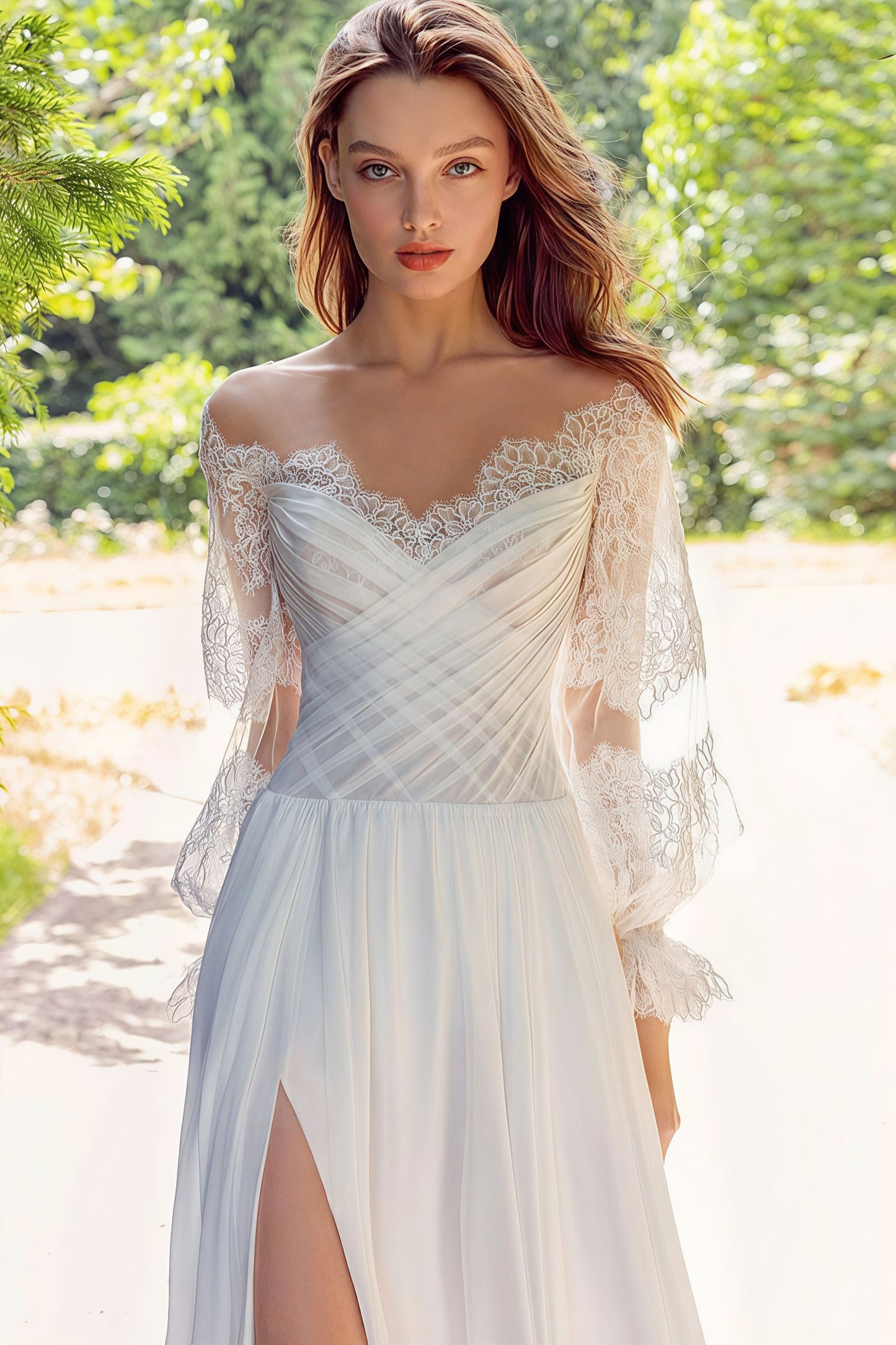 Lace Flowy High Slit Minimalist Reception Dress