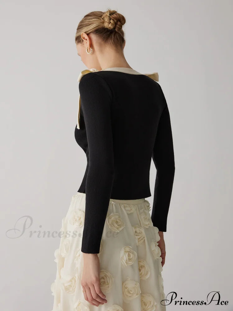 Contrast Bow Crew Trendy Neck Knit Top